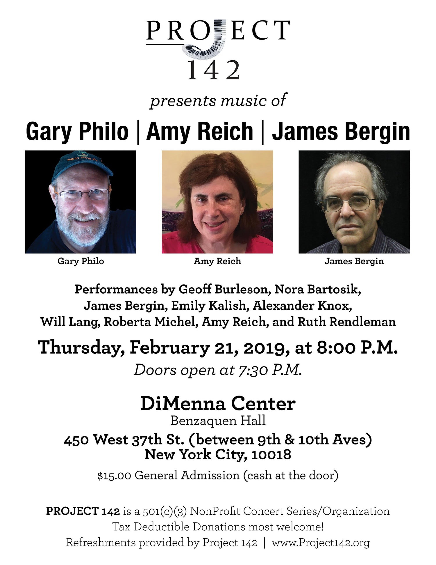 Music of Gary Philo, Amy Reich, and James Bergin, DiMenna Center, Feb. 21