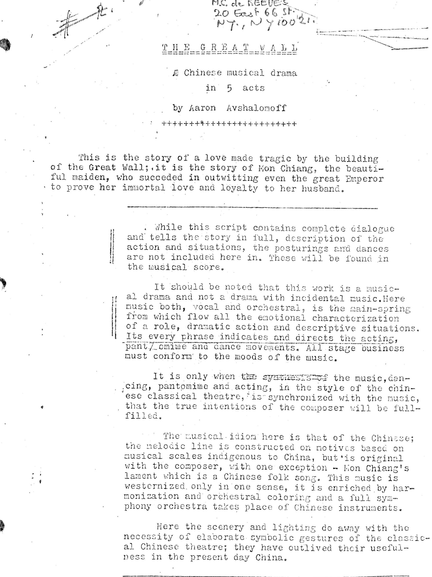 GREAT WALL - Full Score: Prologue, Acts I through VI, Script and Notes