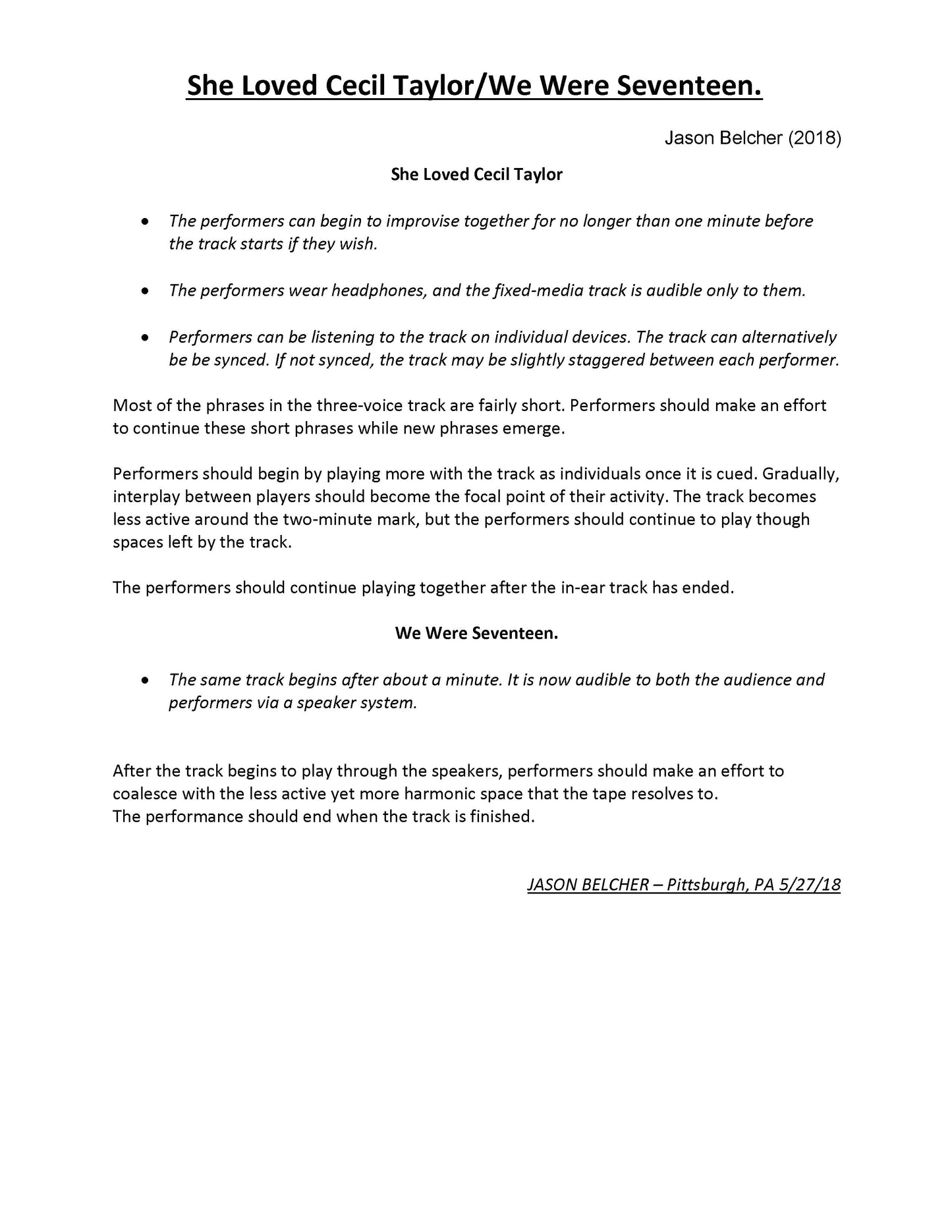 She Loved Cecil Taylor/We Were Seventeen