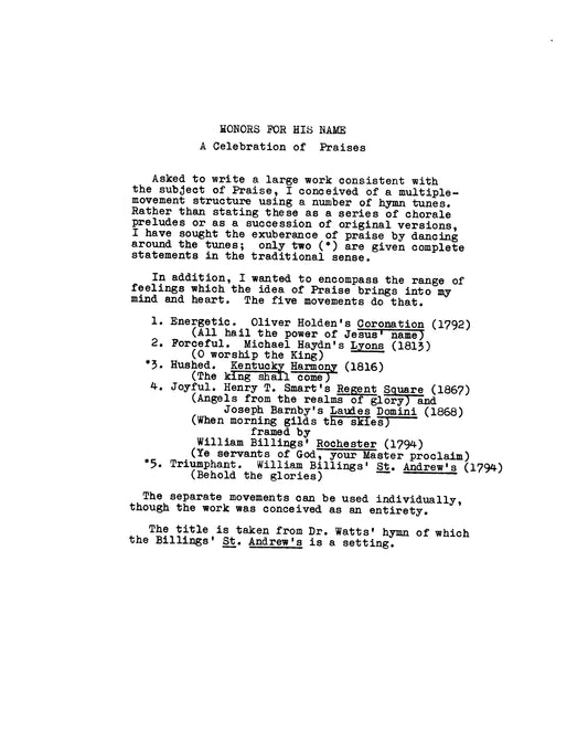 HONORS FOR HIS NAME: A Celebration of Praises