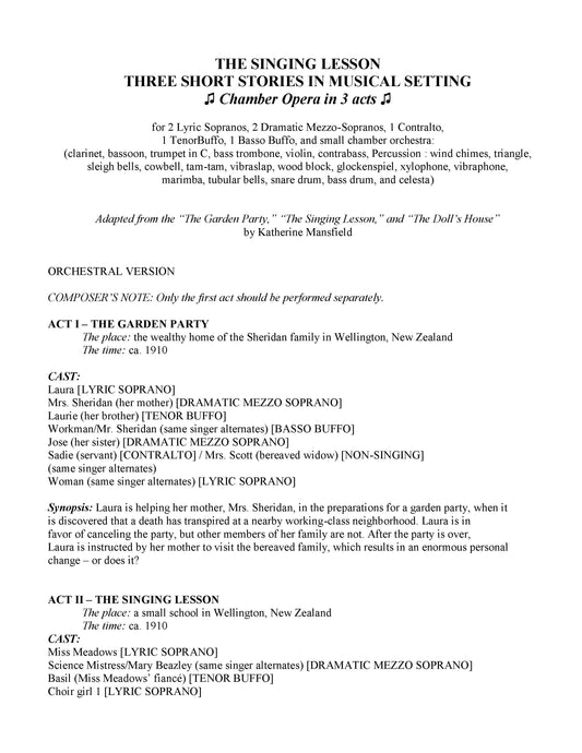 Singing Lesson - Chamber Opera In Three Acts