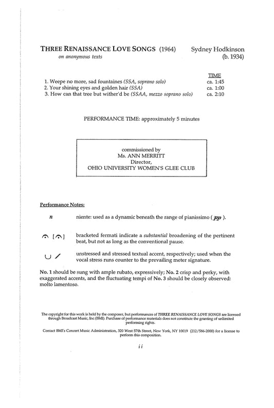 THREE RENAISSANCE LOVE SONGS