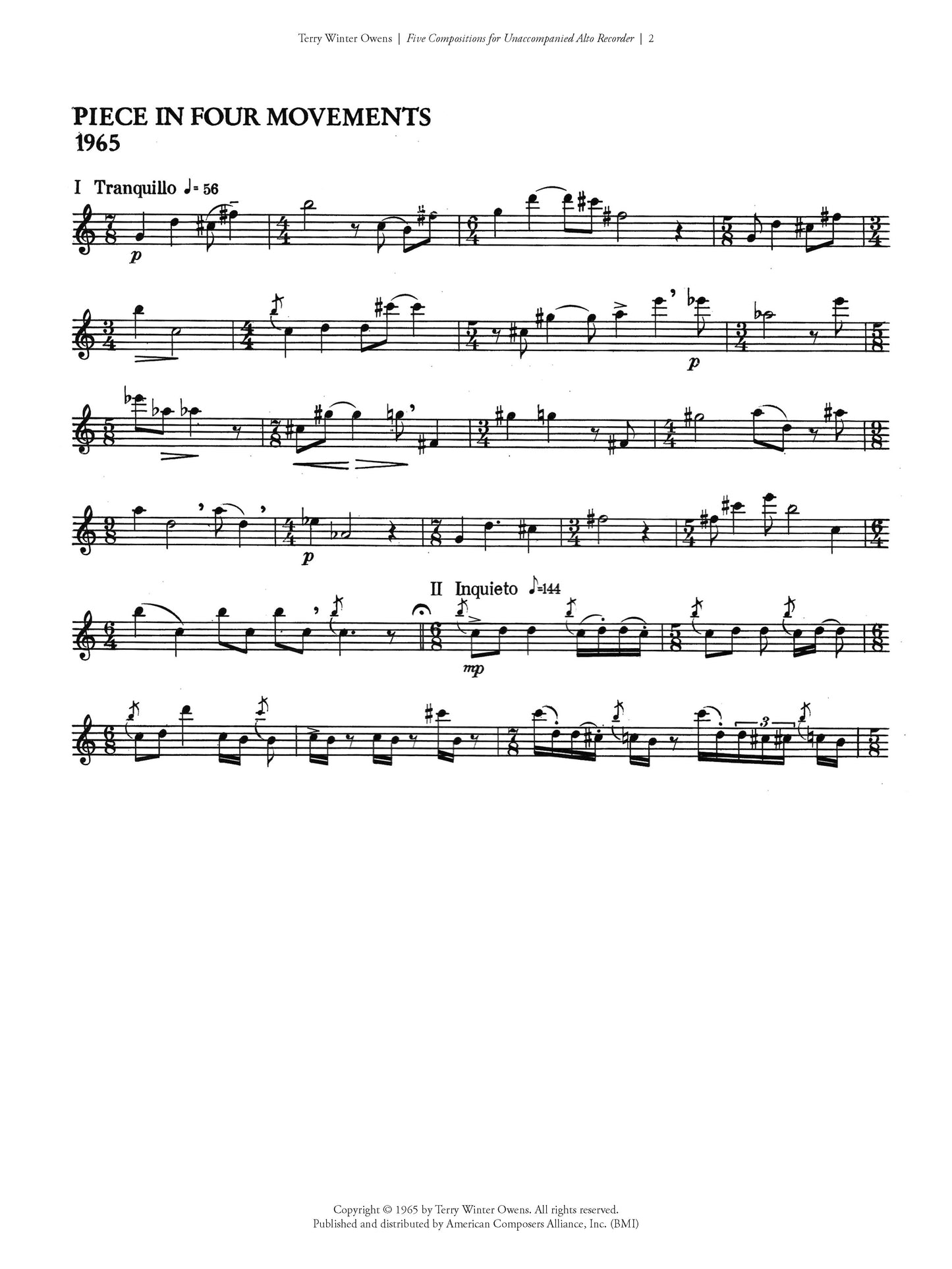 Five Compositions for Unaccompanied Alto Recorder