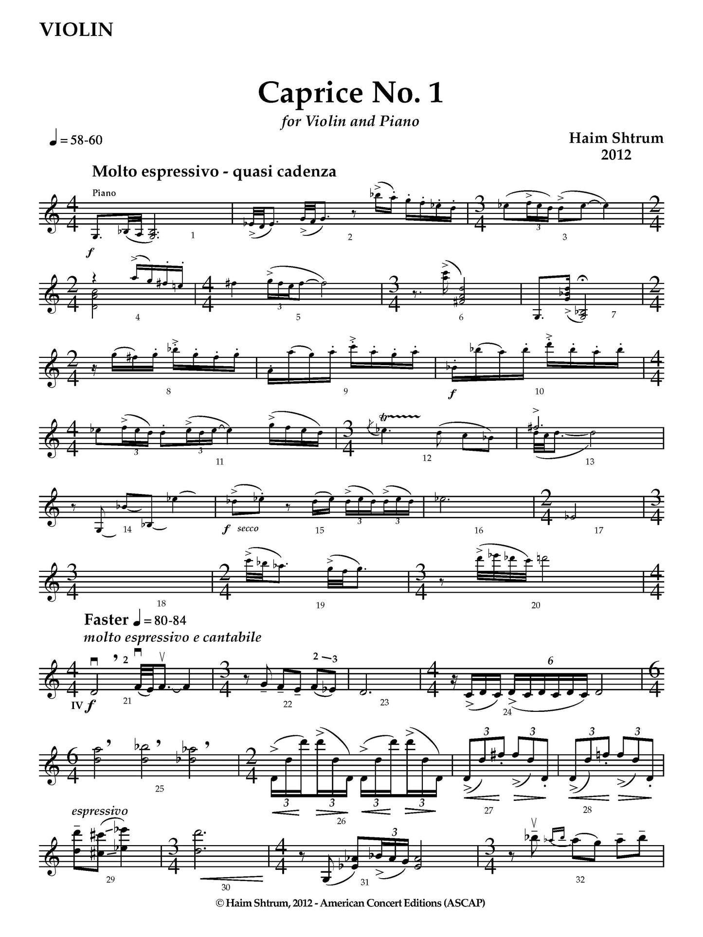 Caprice No. 1 for Violin and Piano