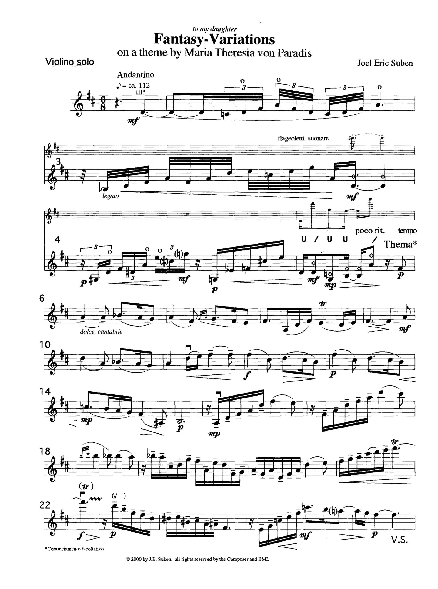 Fantasy-Variations on a Theme by Maria Theresia von Paradis - Violin and Piano