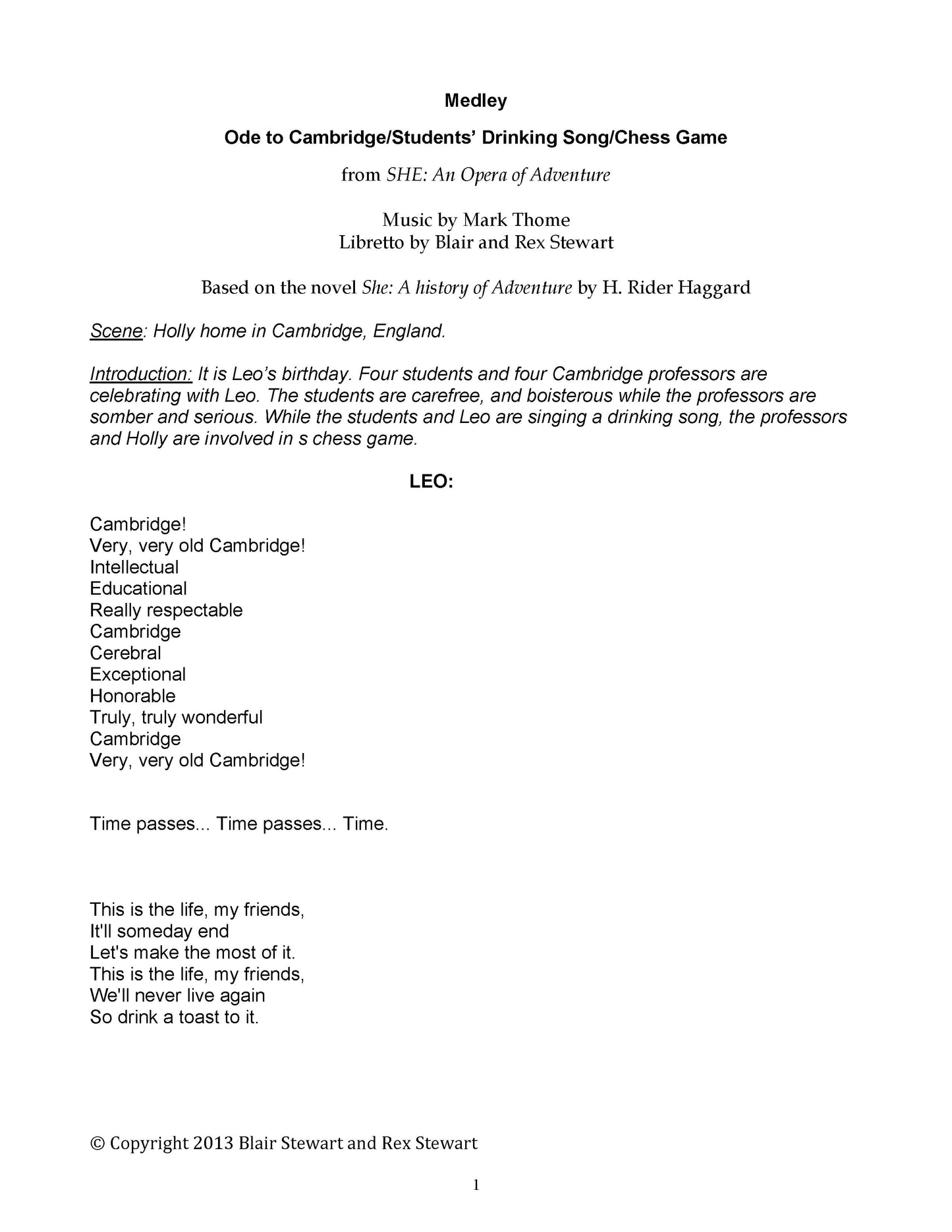 SHE: an opera of adventure, Selections