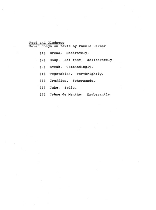 Food and Gladness: Seven Songs to Texts by Fannie Farmer