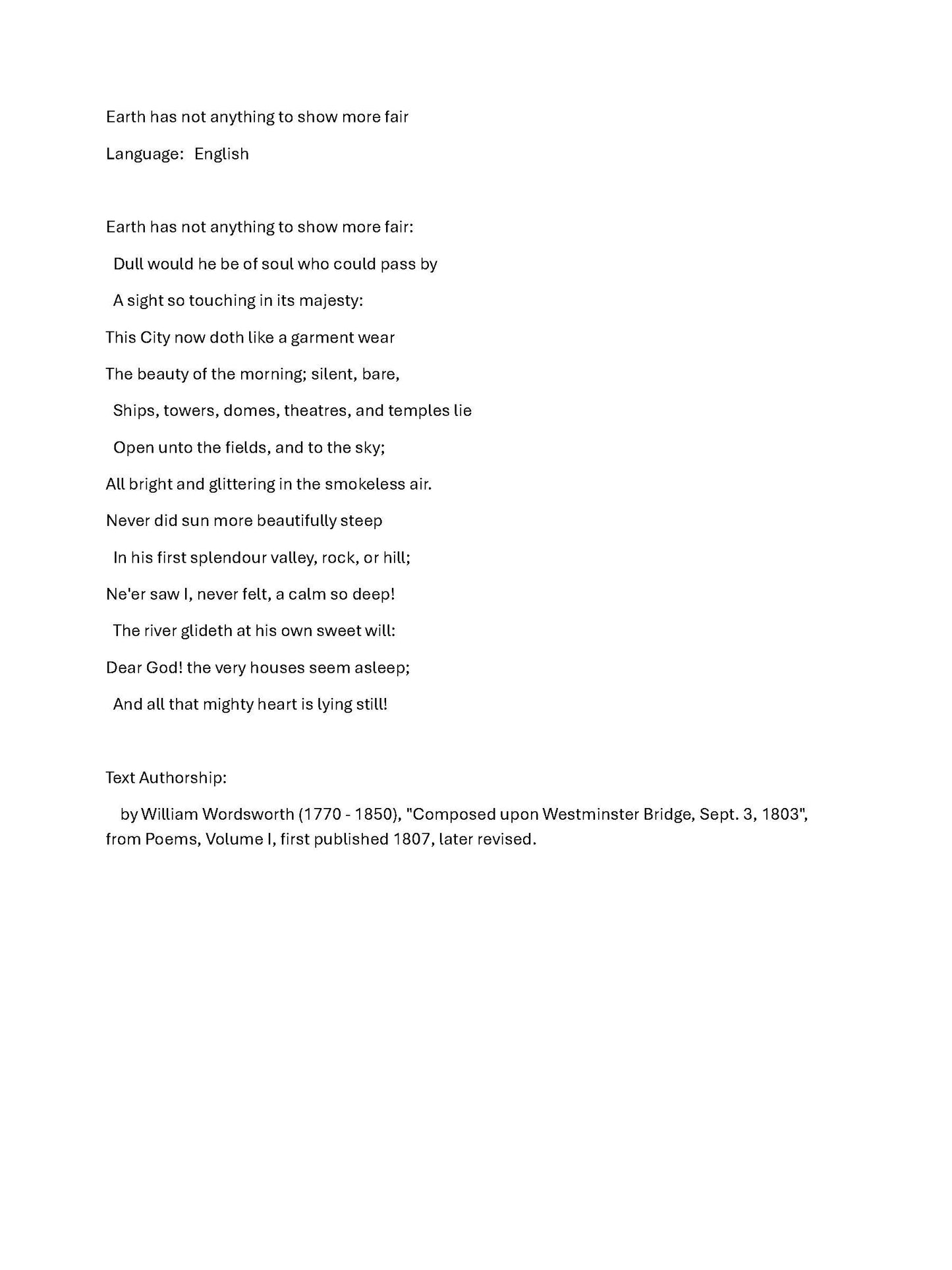 Lines Written on Westminster Bridge 1816