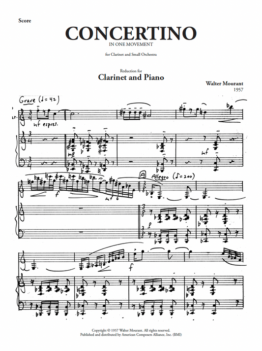 Concertino in One Movement for Clarinet & Small Orchestra - Piano Reduction