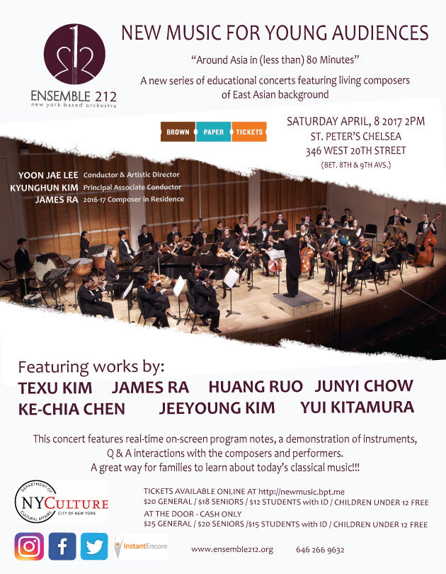 Music of JunYi Chow, Huang Ruo, James Ra, and more, with Ensemble 212, April 8