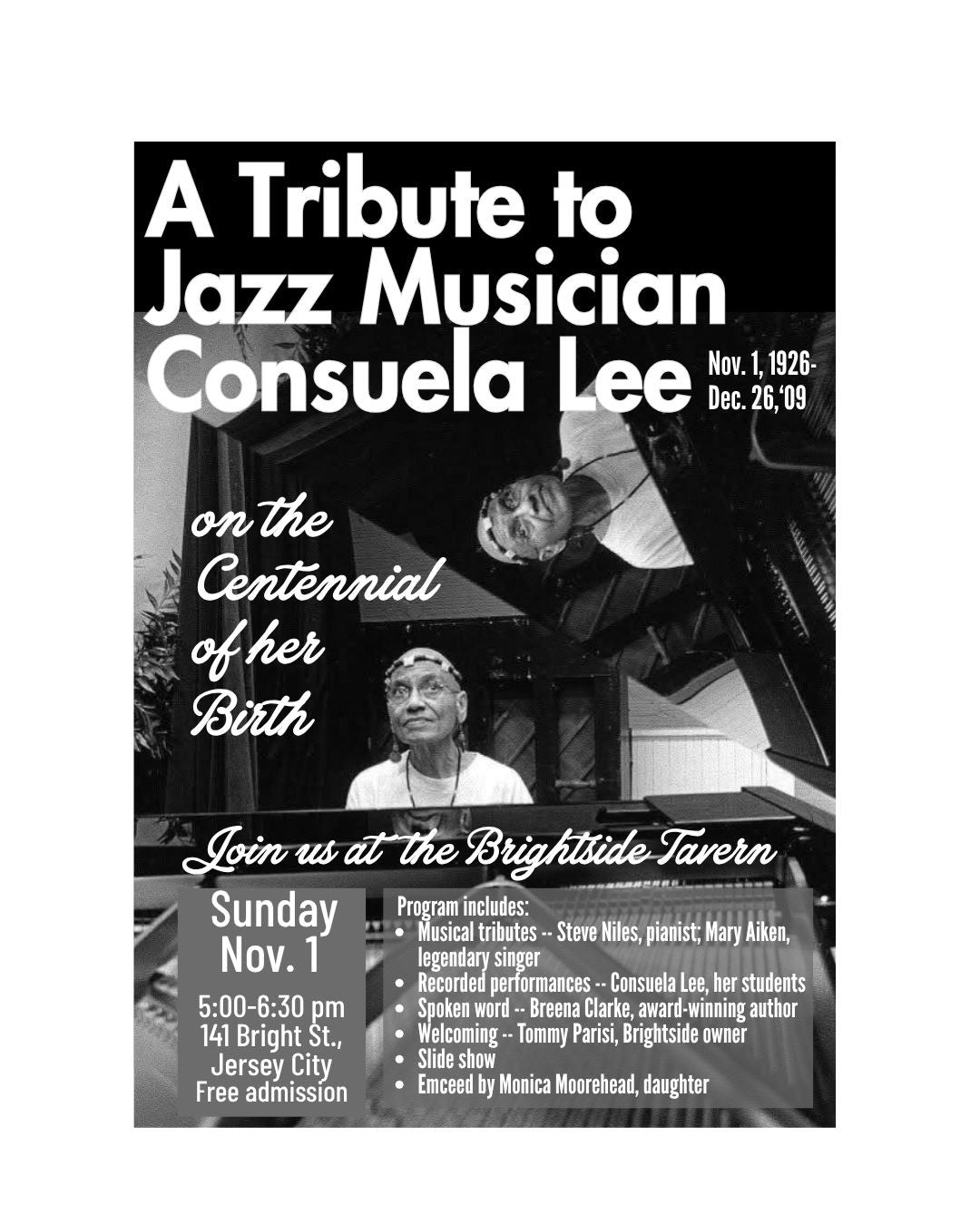 Nov. 1: Tribute to Consuela Lee on the Centennial of Her Birth in Jersey City, NJ