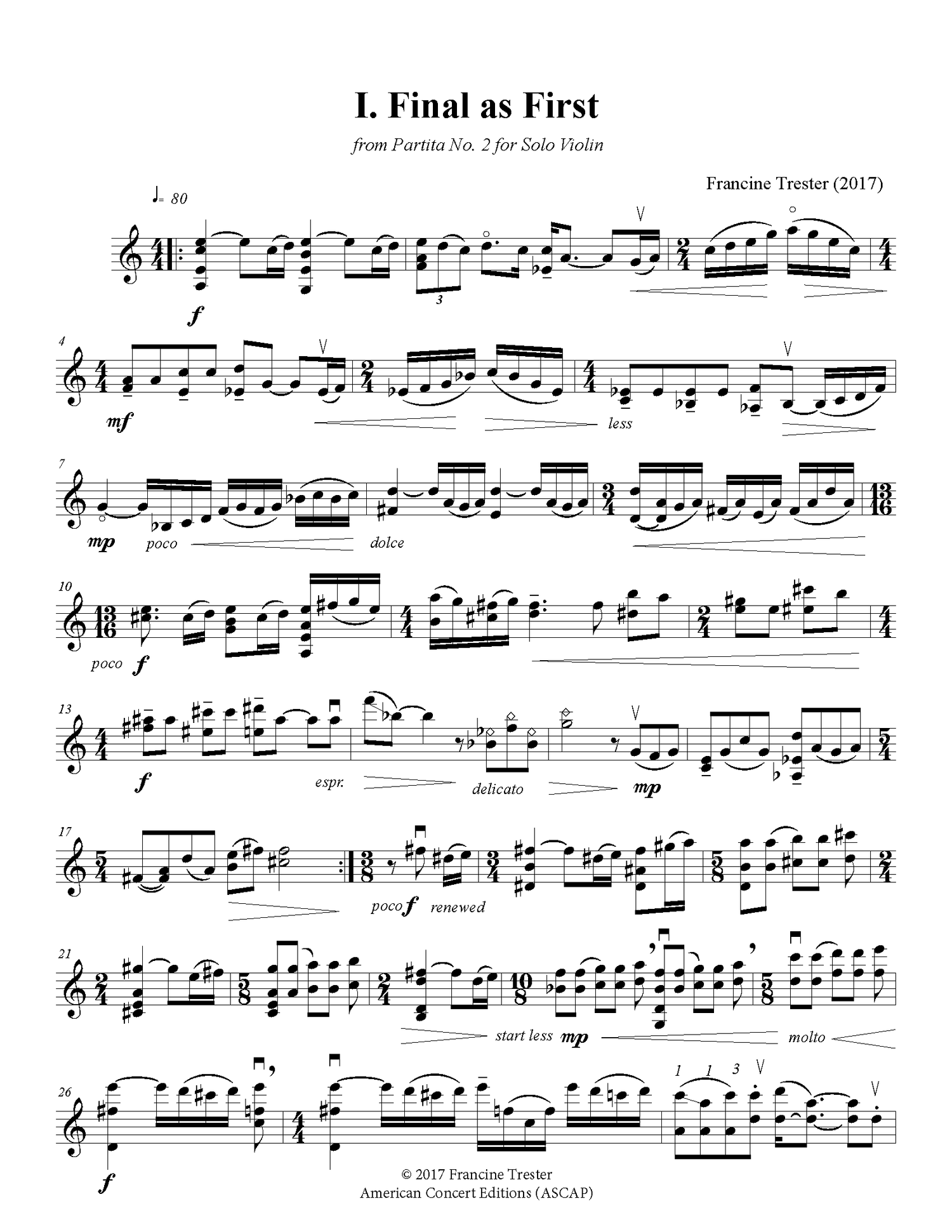 Francine Trester's Partita No. 2 for solo violin, with Alexander Smith at Concordia College recital series, April 13th