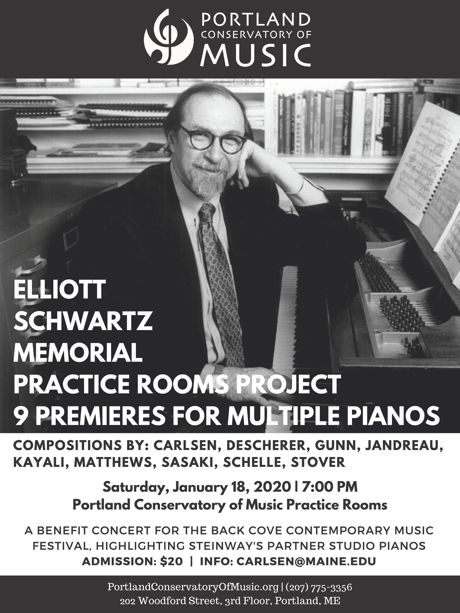 For a good cause, and honoring composer Elliott Schwartz, hear works by Philip Carlsen, Joshua DeScherer, Nancy Gunn, Josh Jandreau, Michael Schelle, and more, in Portland, ME Jan 18