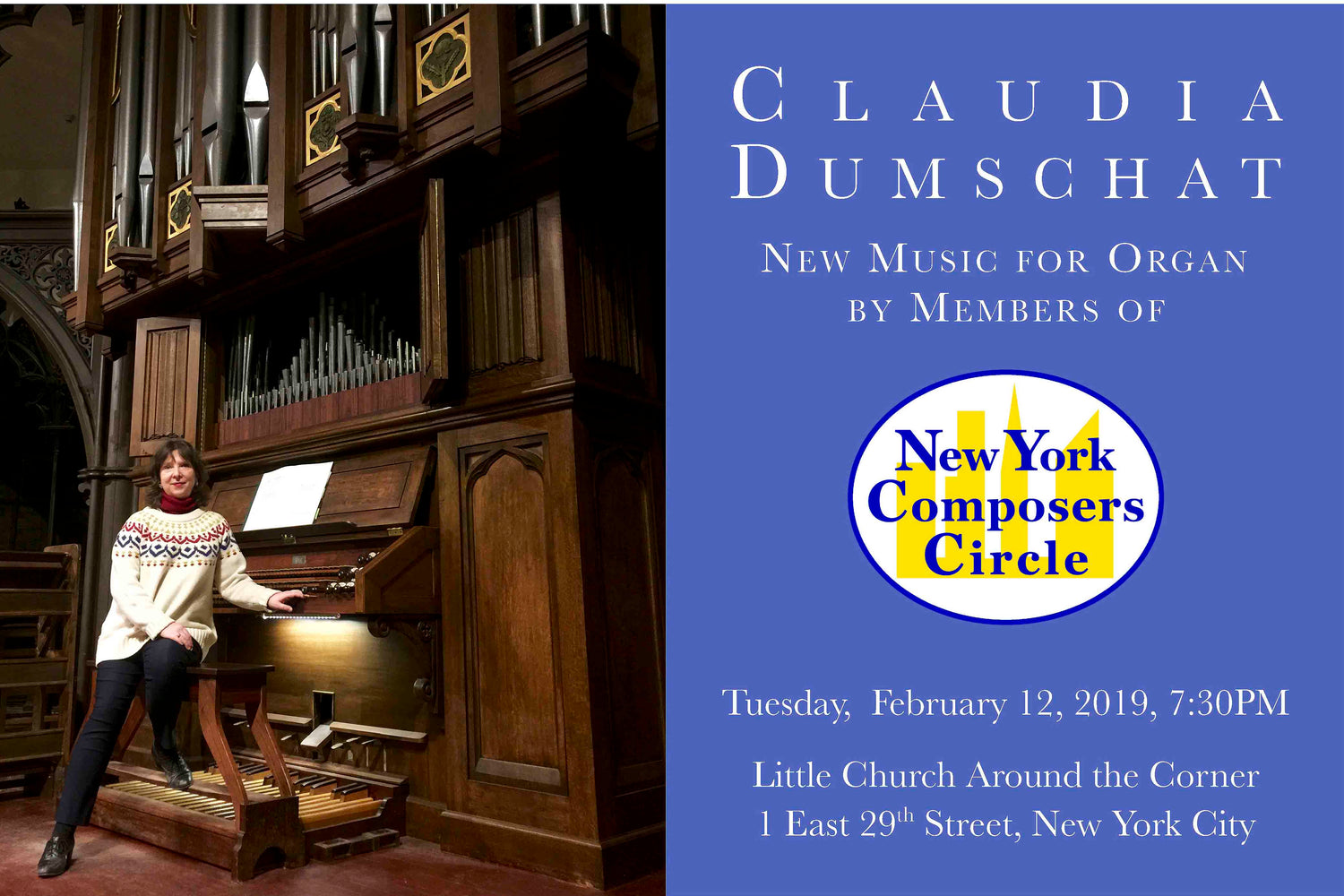 New Music for Organ, by Richard Brooks, Raoul Pleskow, and more, with Claudia Dumschat, organist, Feb. 12