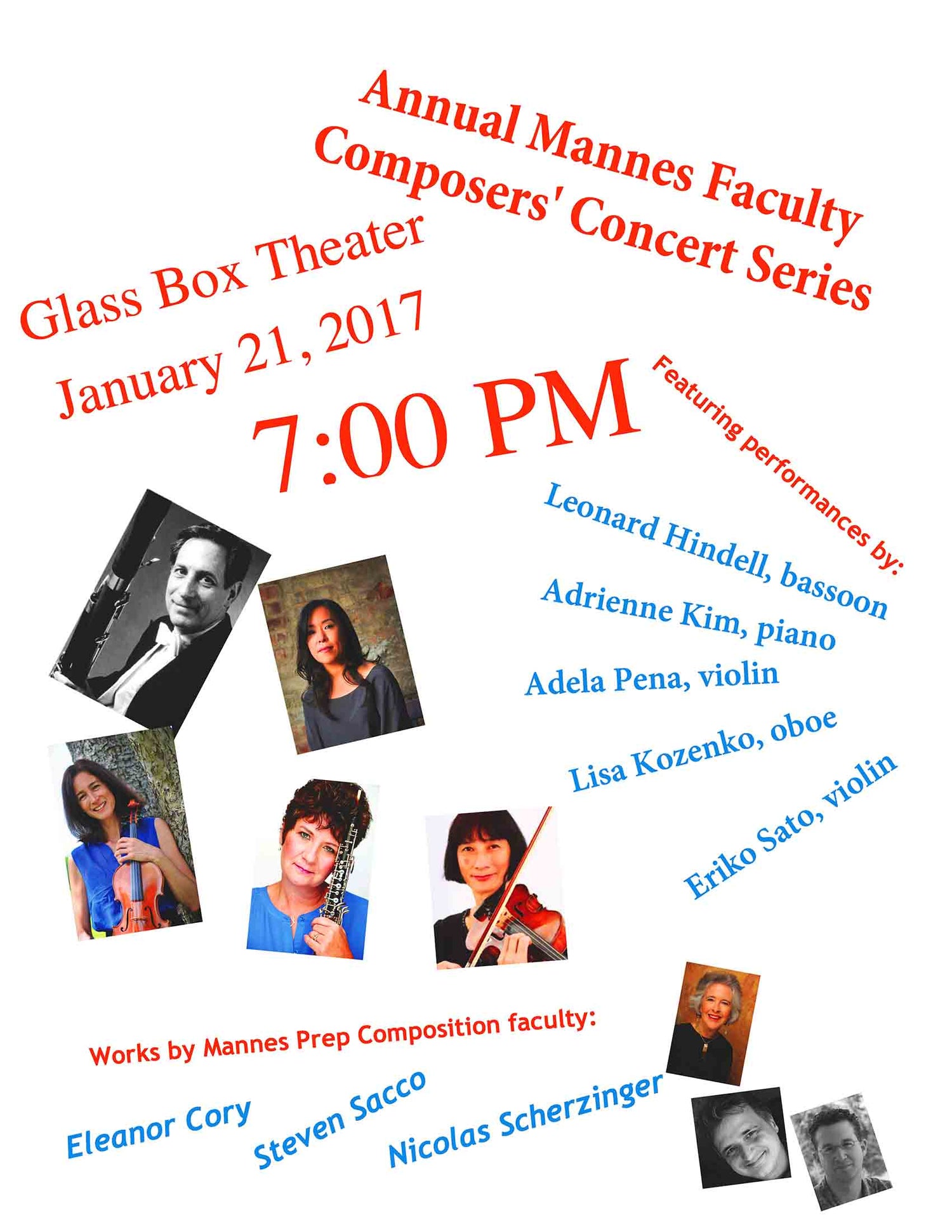 Mannes Faculty Composers Concert, Music of Steven Sacco and Eleanor Cory, Jan. 21