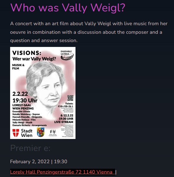 Who Was Vally Weigl? A film and concert in Vienna, Feb. 2