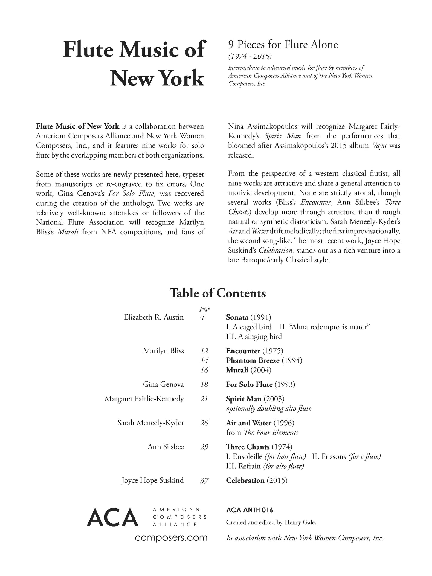 Flute Music of New York (NYWC): Nine Pieces for Flute Alone