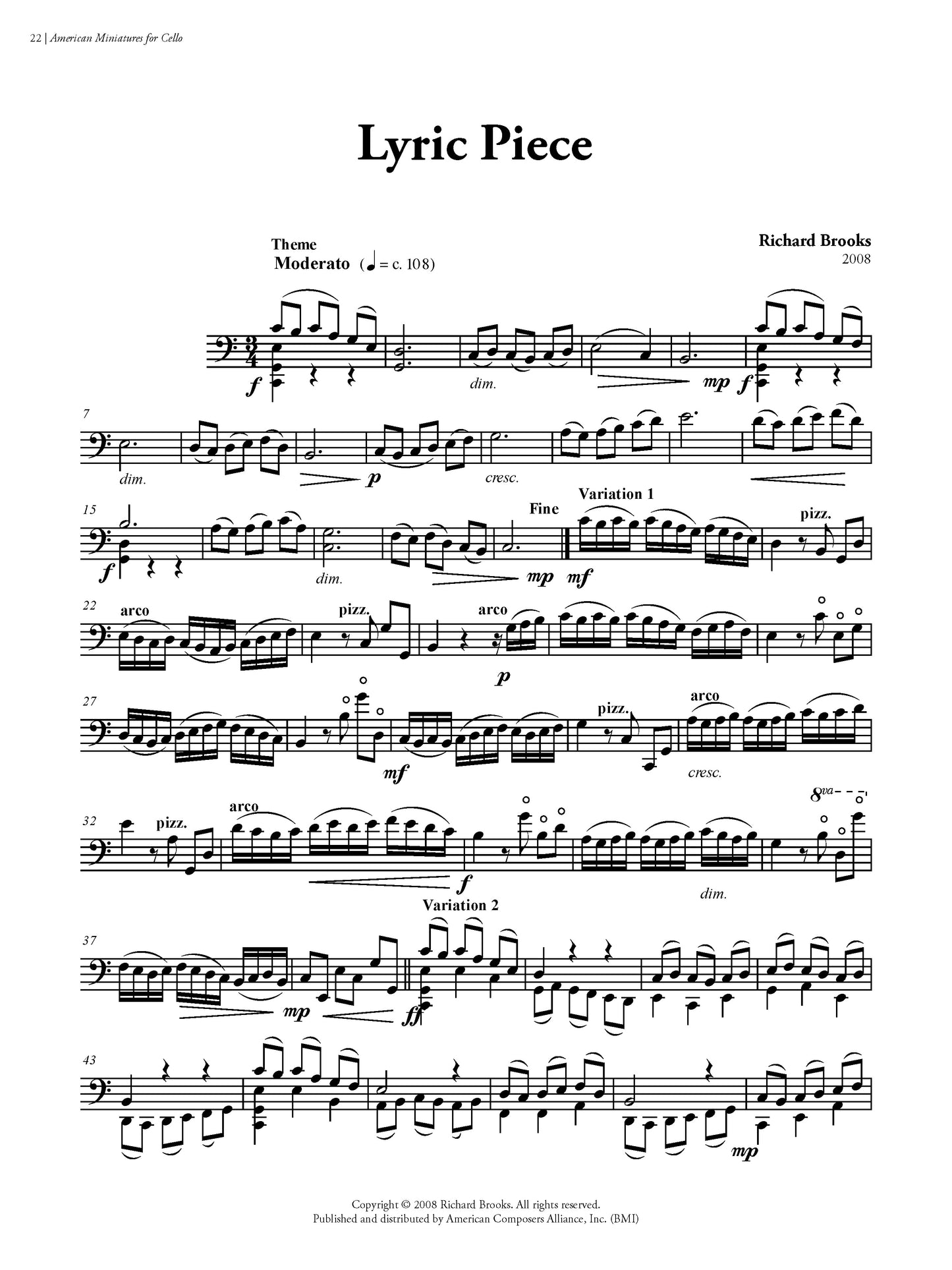 American Miniatures for Cello: 15 Pieces for Violoncello Alone