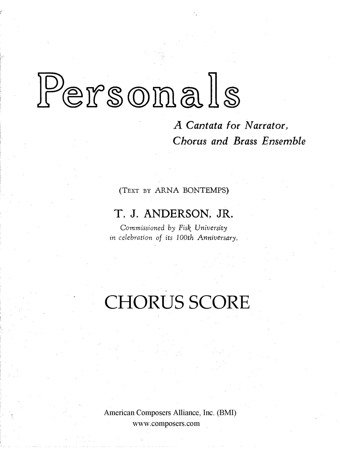 PERSONALS: A Cantata for Narrator, SATB Chorus and Brass Septet