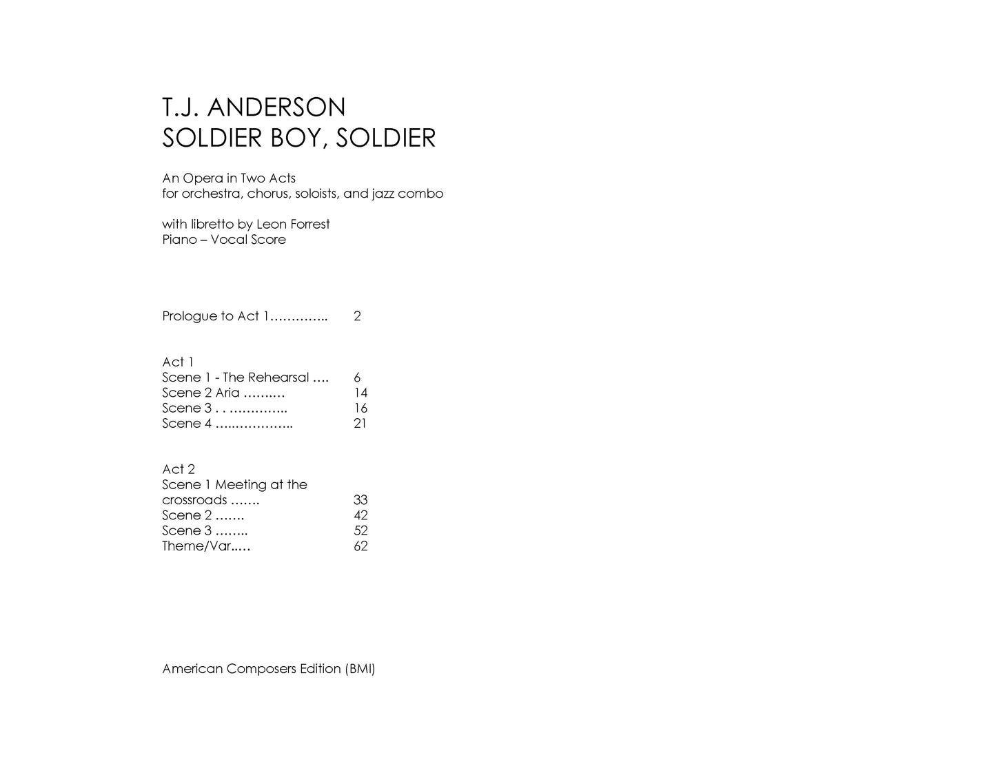 SOLDIER BOY, SOLDIER (Opera in 2 Acts) Piano-Vocal