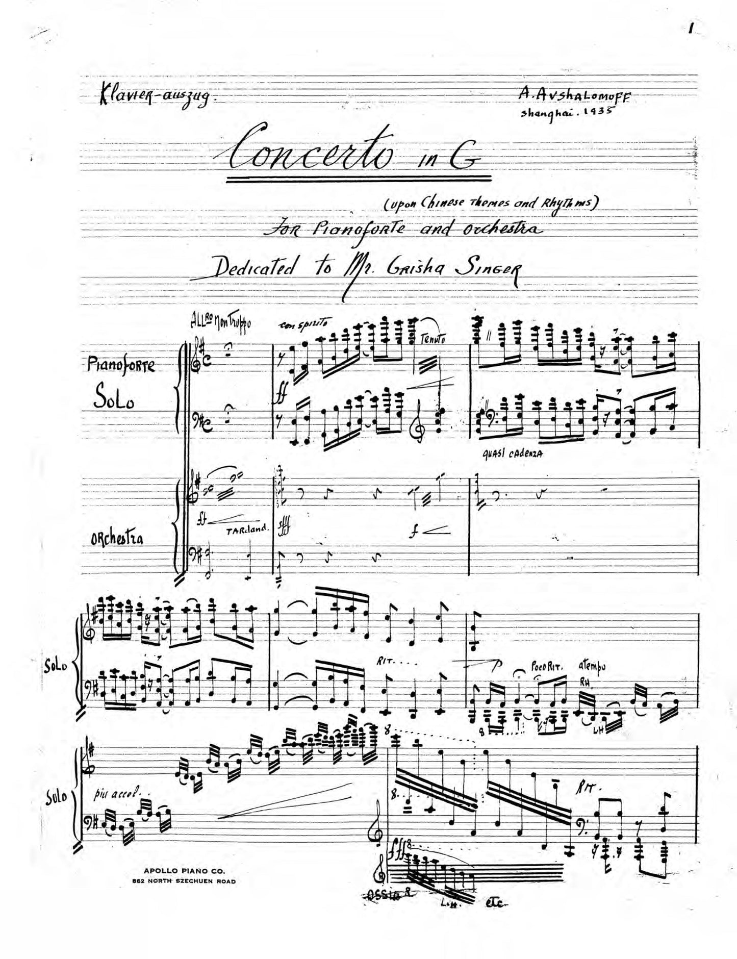 PIANO CONCERTO IN G (Concerto on Chinese Themes) - reduced score for 2 pianos