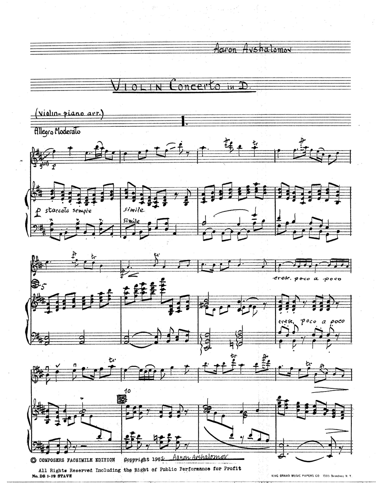 VIOLIN CONCERTO in D (On Chinese Themes) Piano Reduction