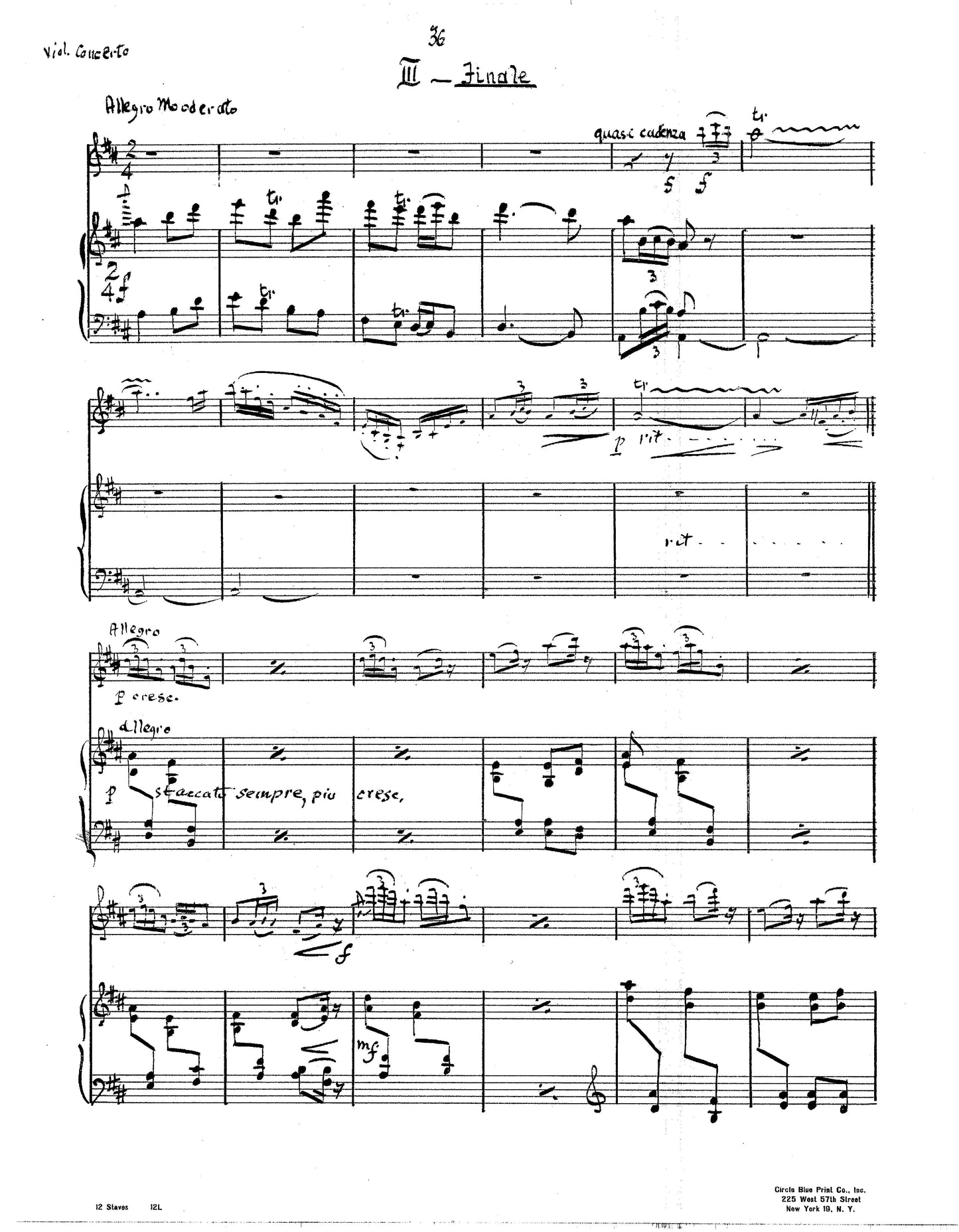 VIOLIN CONCERTO in D (On Chinese Themes) Piano Reduction