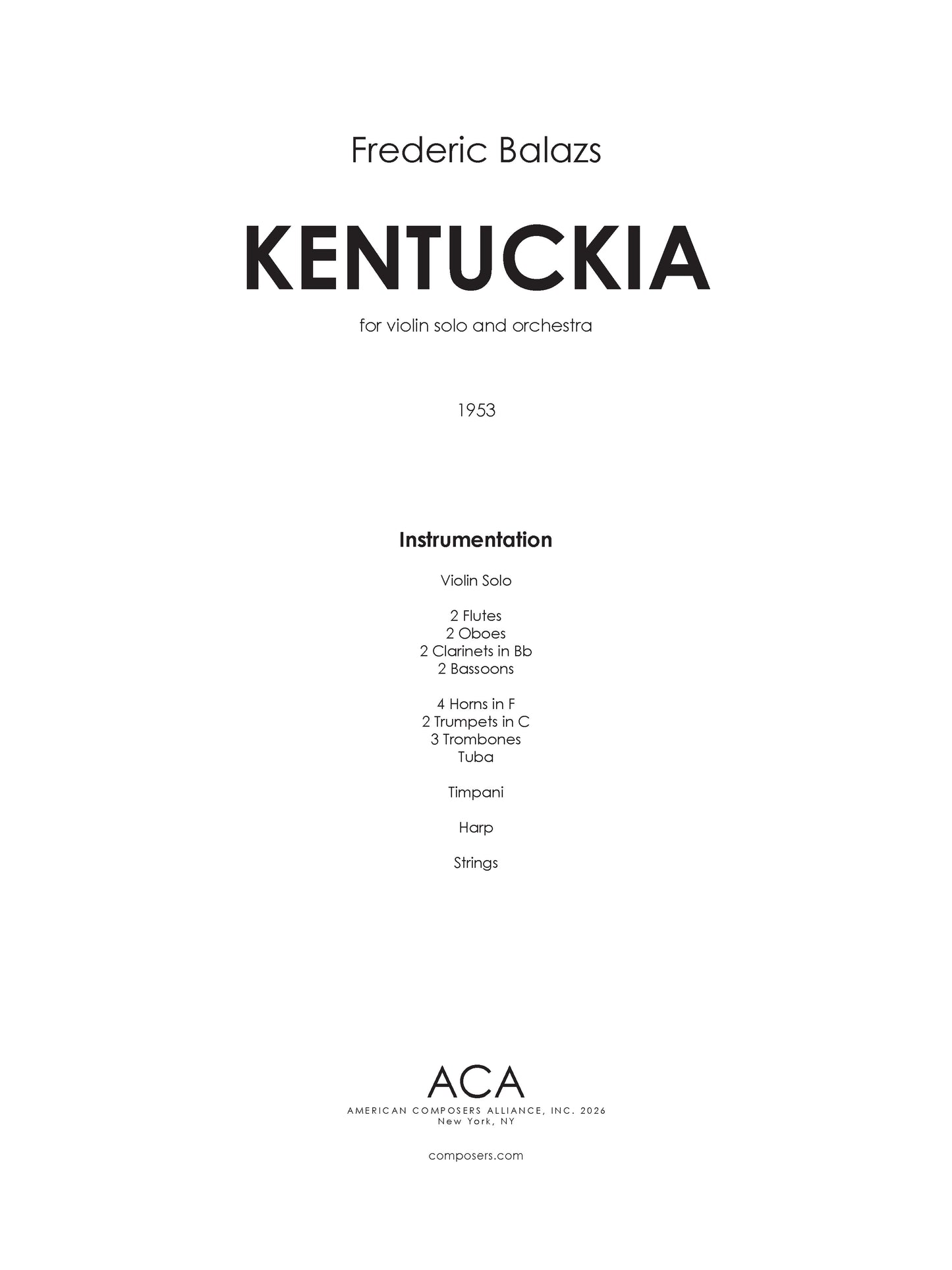 KENTUCKIA for Violin and Full Orchestra