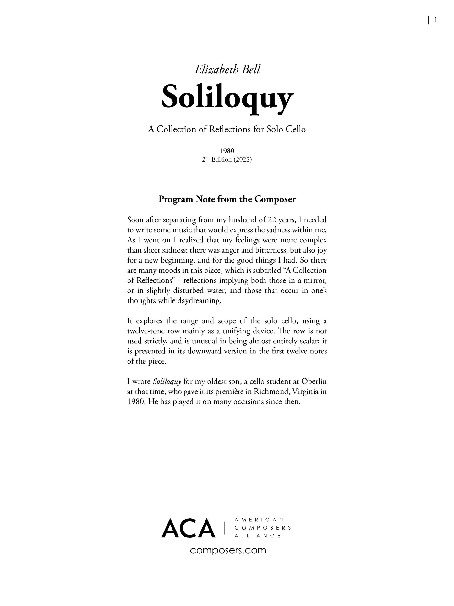 SOLILOQUY for SOLO CELLO