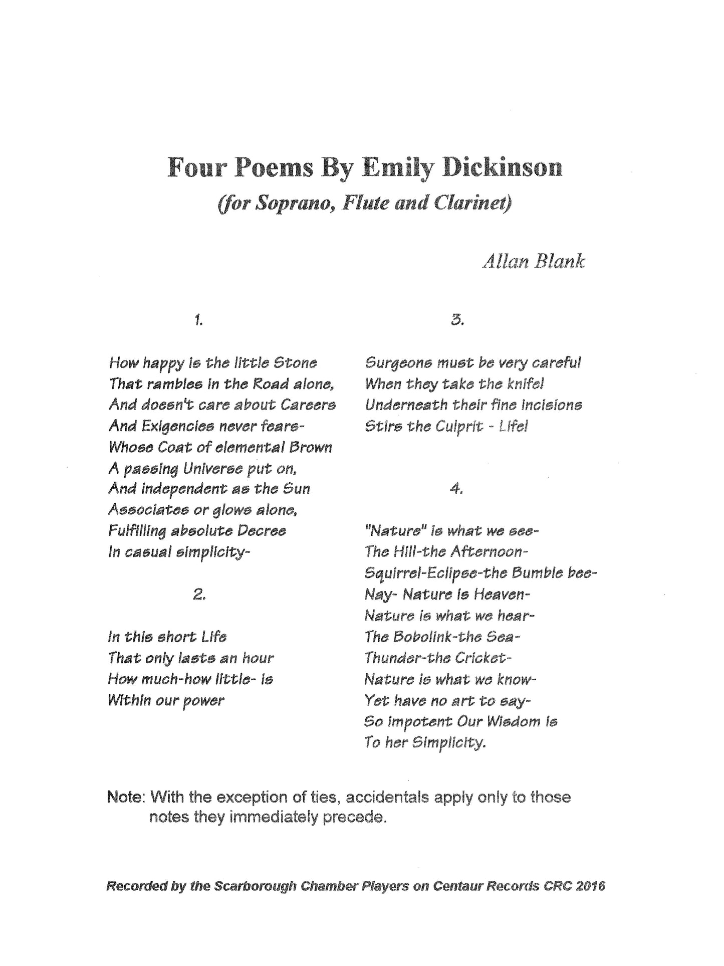 FOUR POEMS BY EMILY DICKINSON