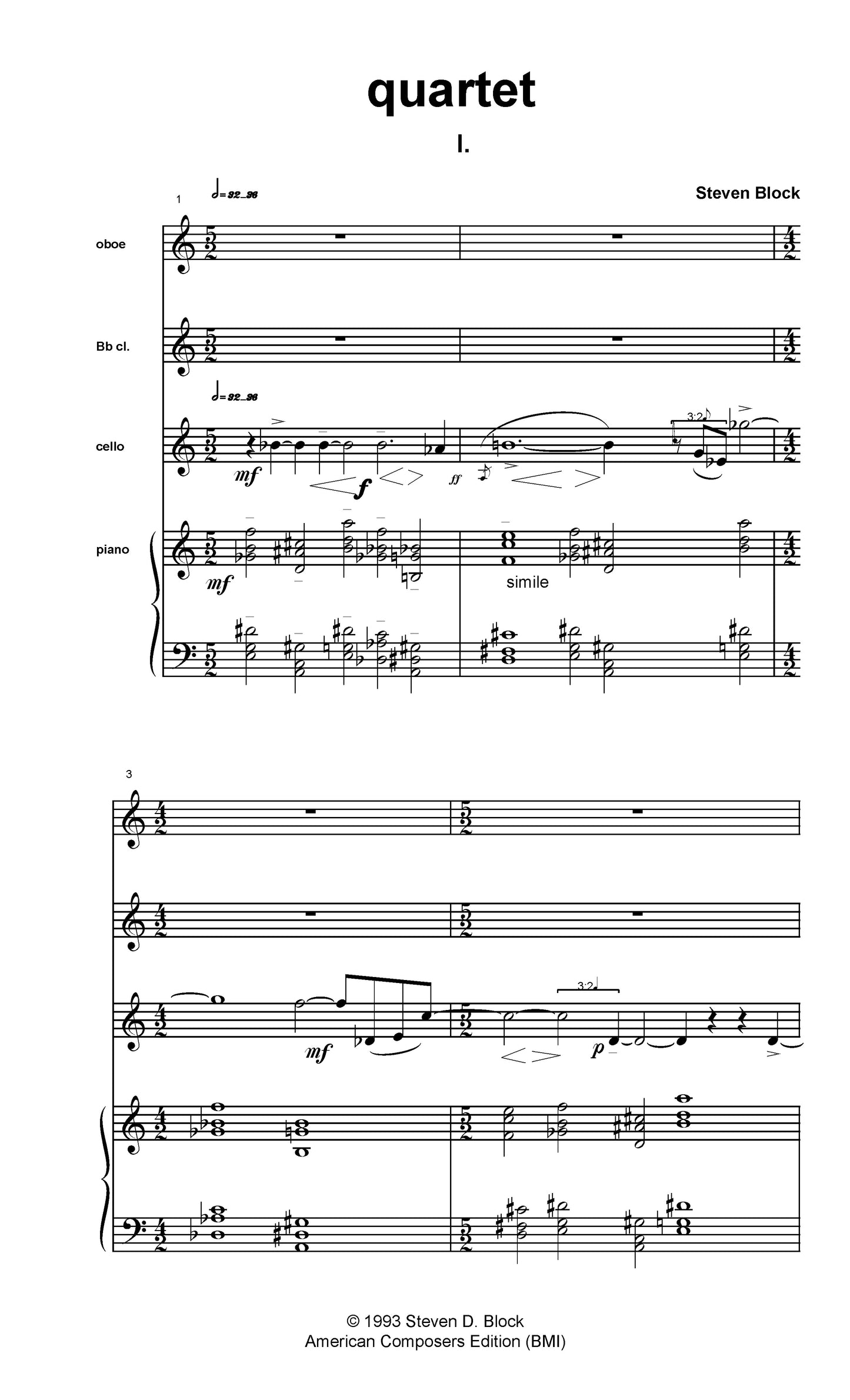 QUARTET FOR OBOE, CLARINET, CELLO, AND PIANO