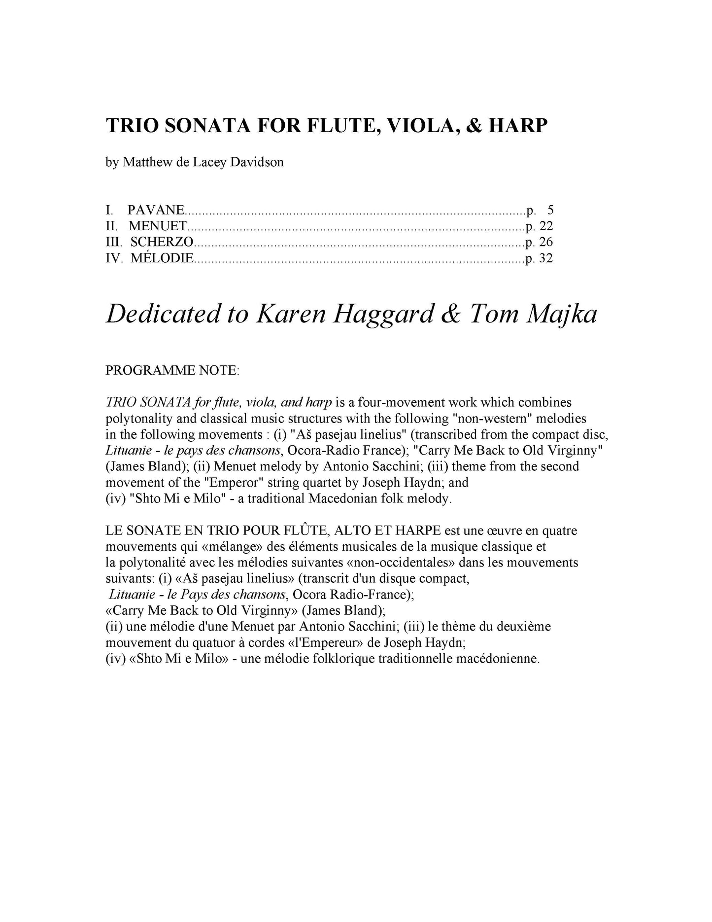 Trio Sonata For Flute, Viola, And Harp