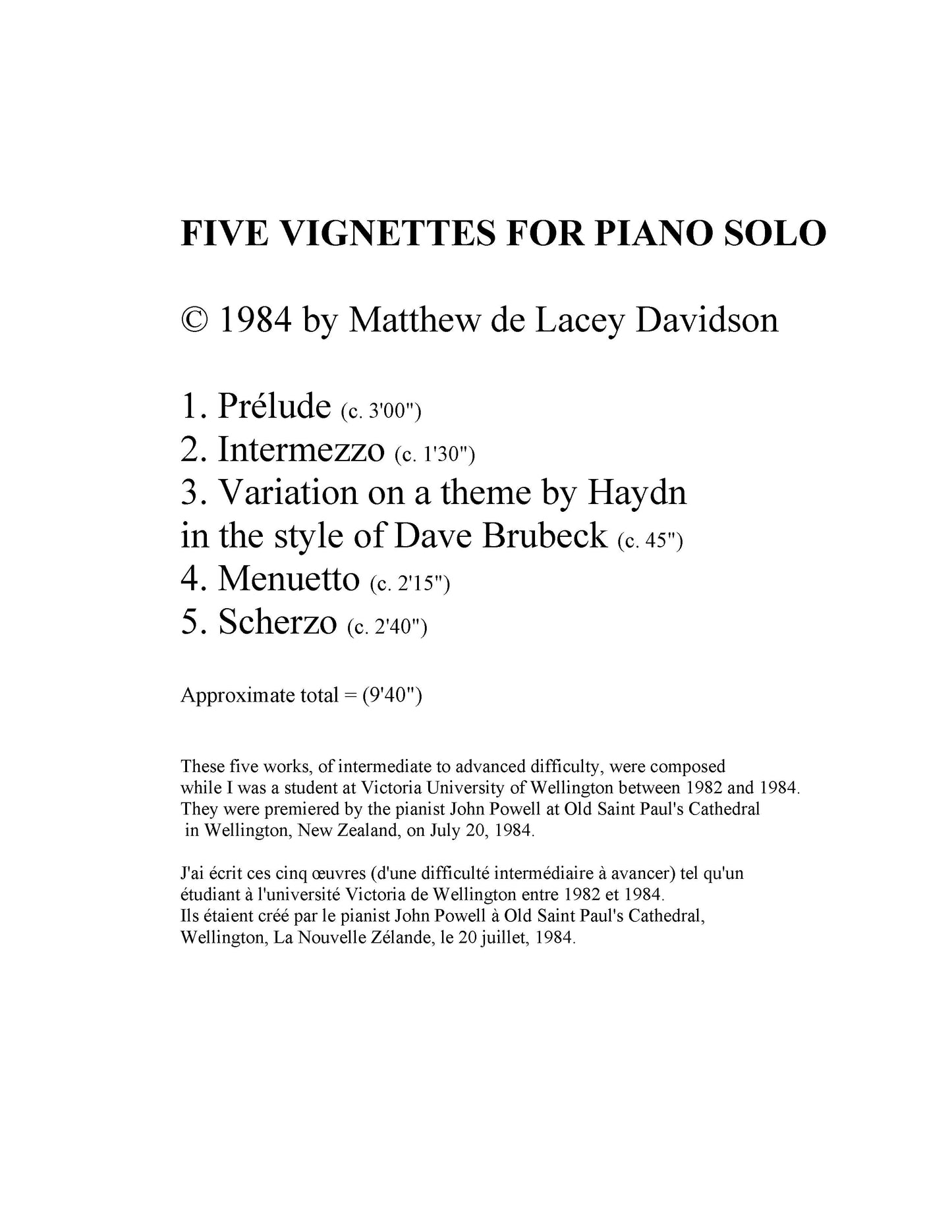 Five Vignettes For Piano