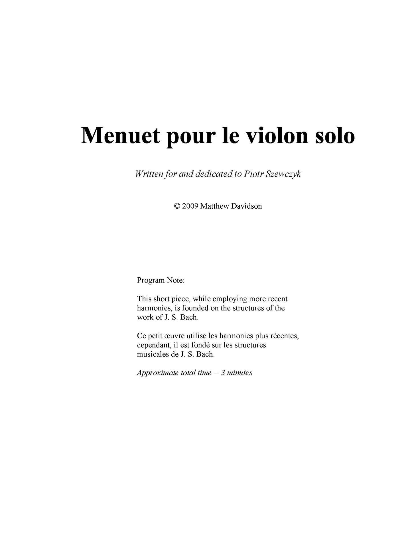 Menuet Pour Le Violon Solo