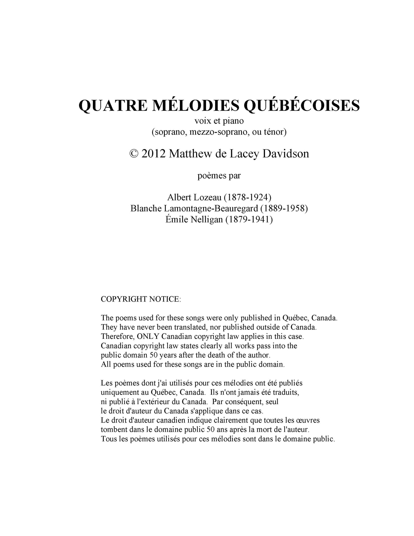 Quatre Melodies Quebecoises