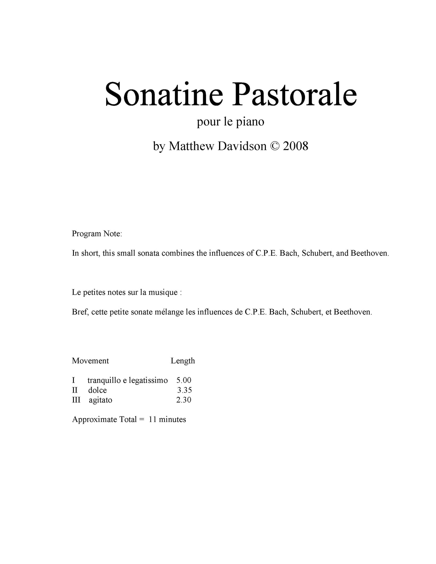 Sonatine Pastorale Pour Le Piano