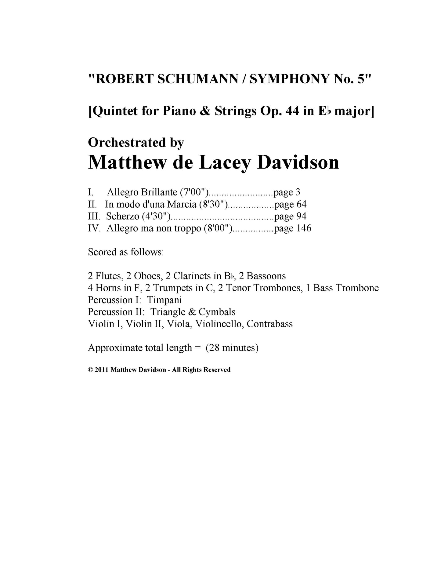 Schumann -- Quintet For Piano And Strings - Davidson, Orch.