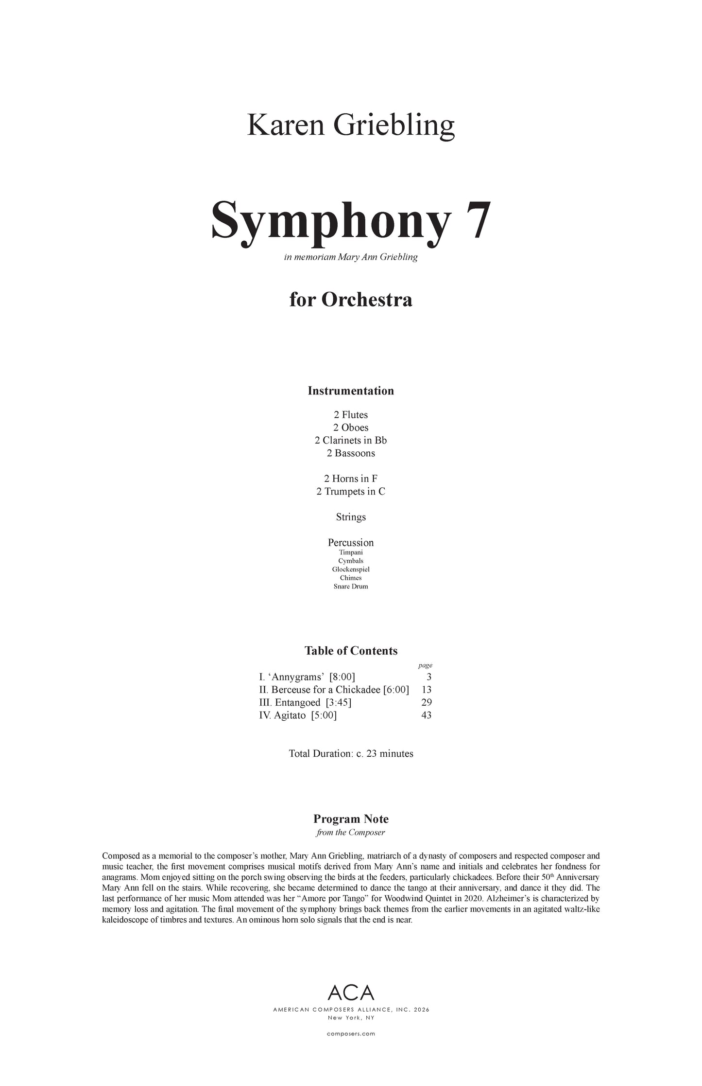Symphony No. 7 (in memoriam Mary Ann Griebling)