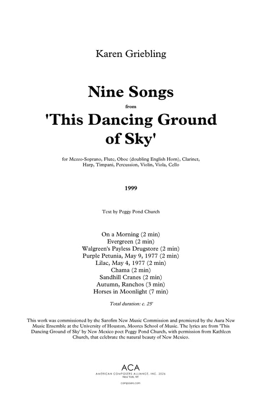 Nine Songs from 'This Dancing Ground of Sky'