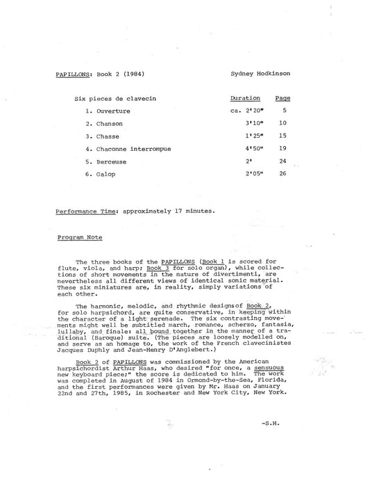 PAPILLONS, Book 2, Six Pieces de Clavecin