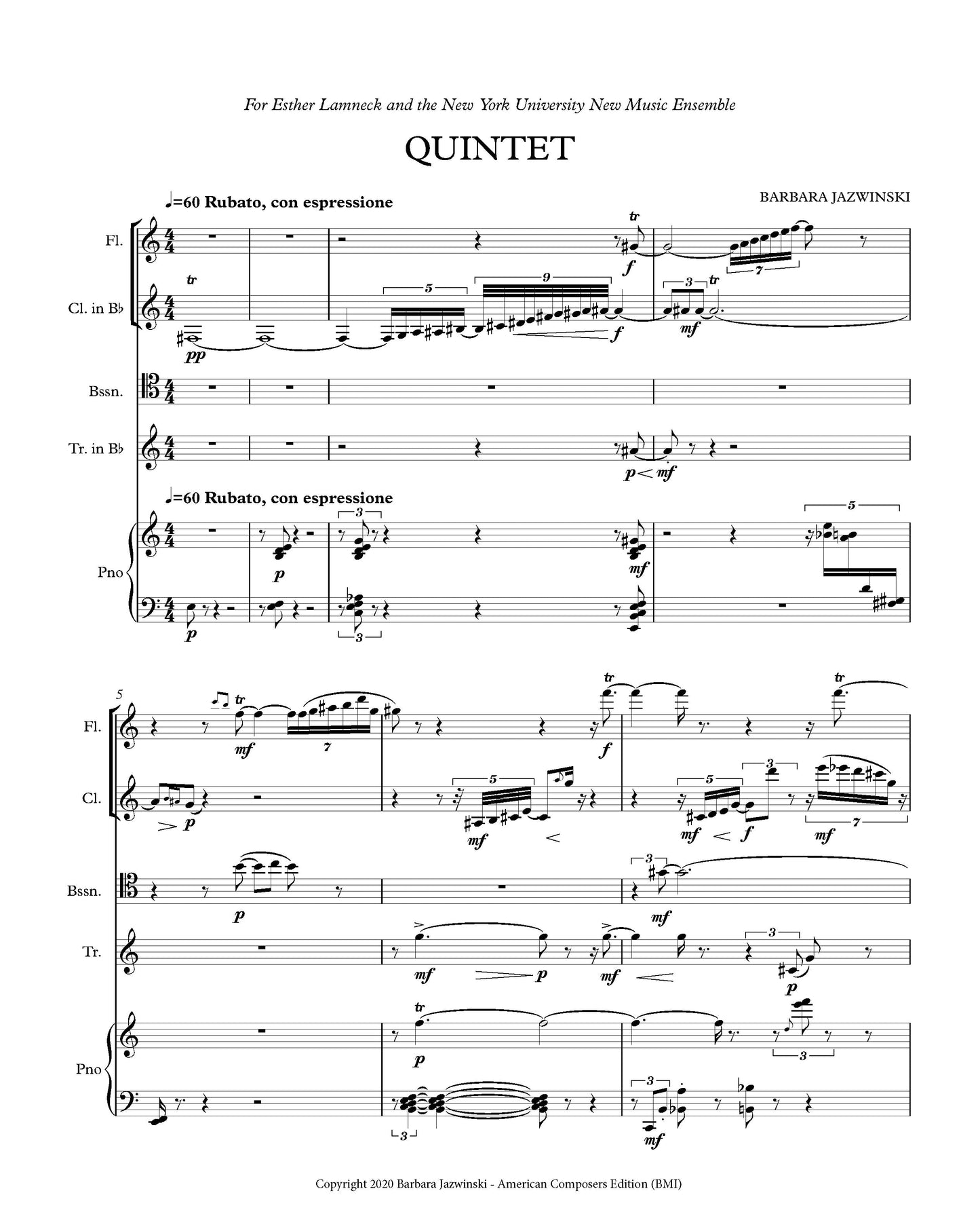 QUINTET for Flute, Clarinet, Bassoon, Trumpet, and Piano