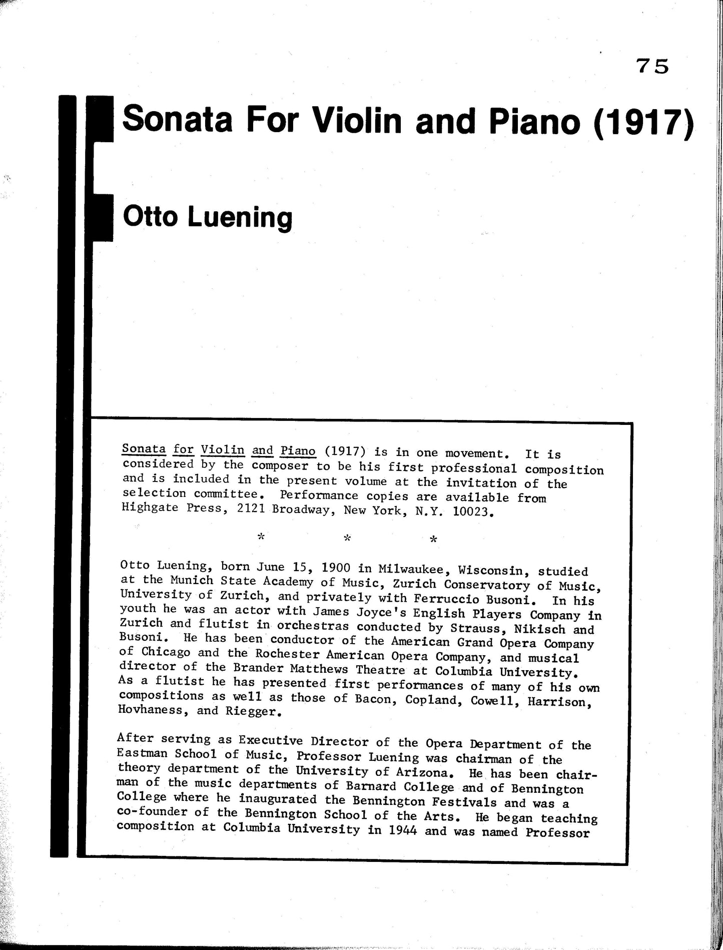 SONATA NO. 1 FOR VIOLIN AND PIANO