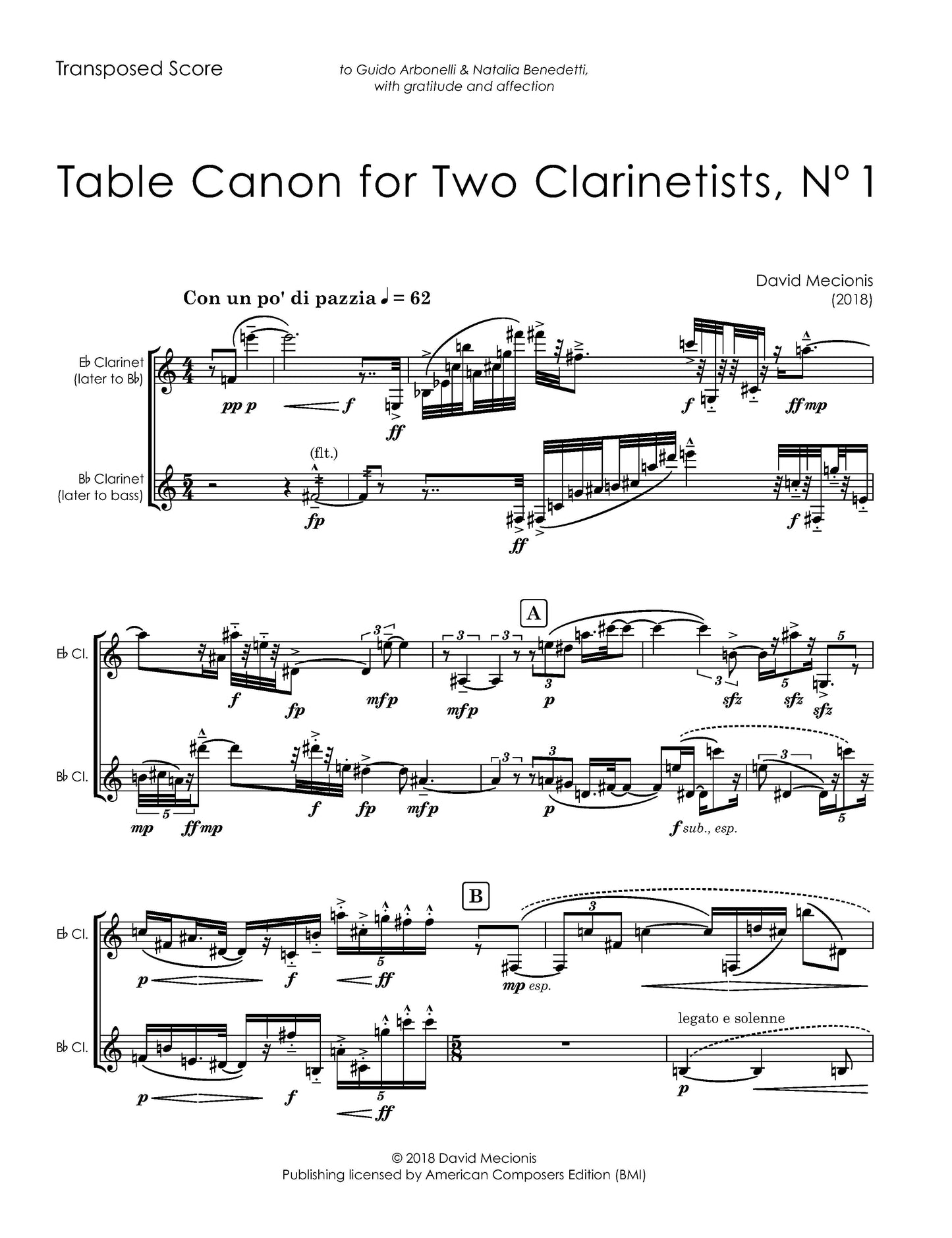 Table Canon for Two Clarinetists, No. 1