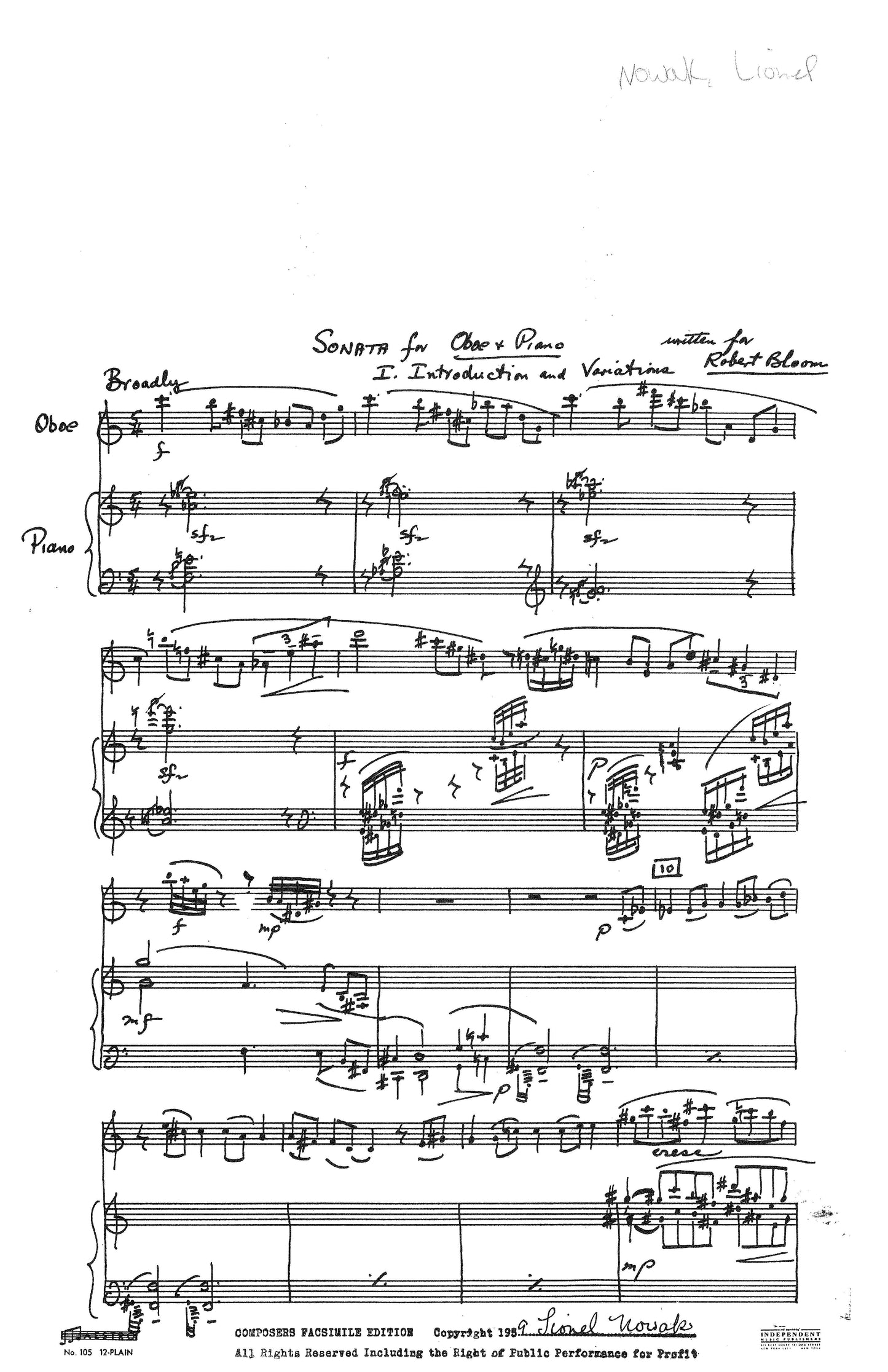 SONATA FOR OBOE & PIANO