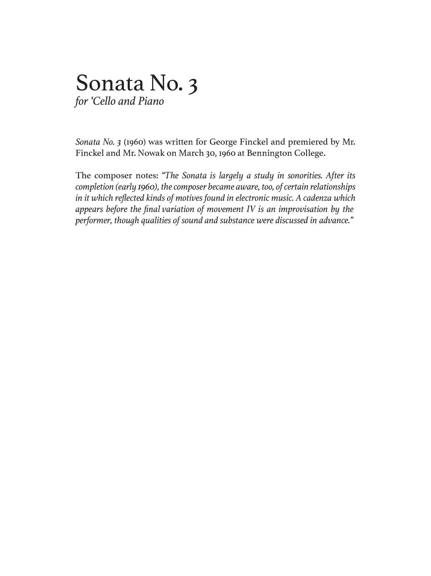 SONATA No. 3 FOR CELLO AND PIANO