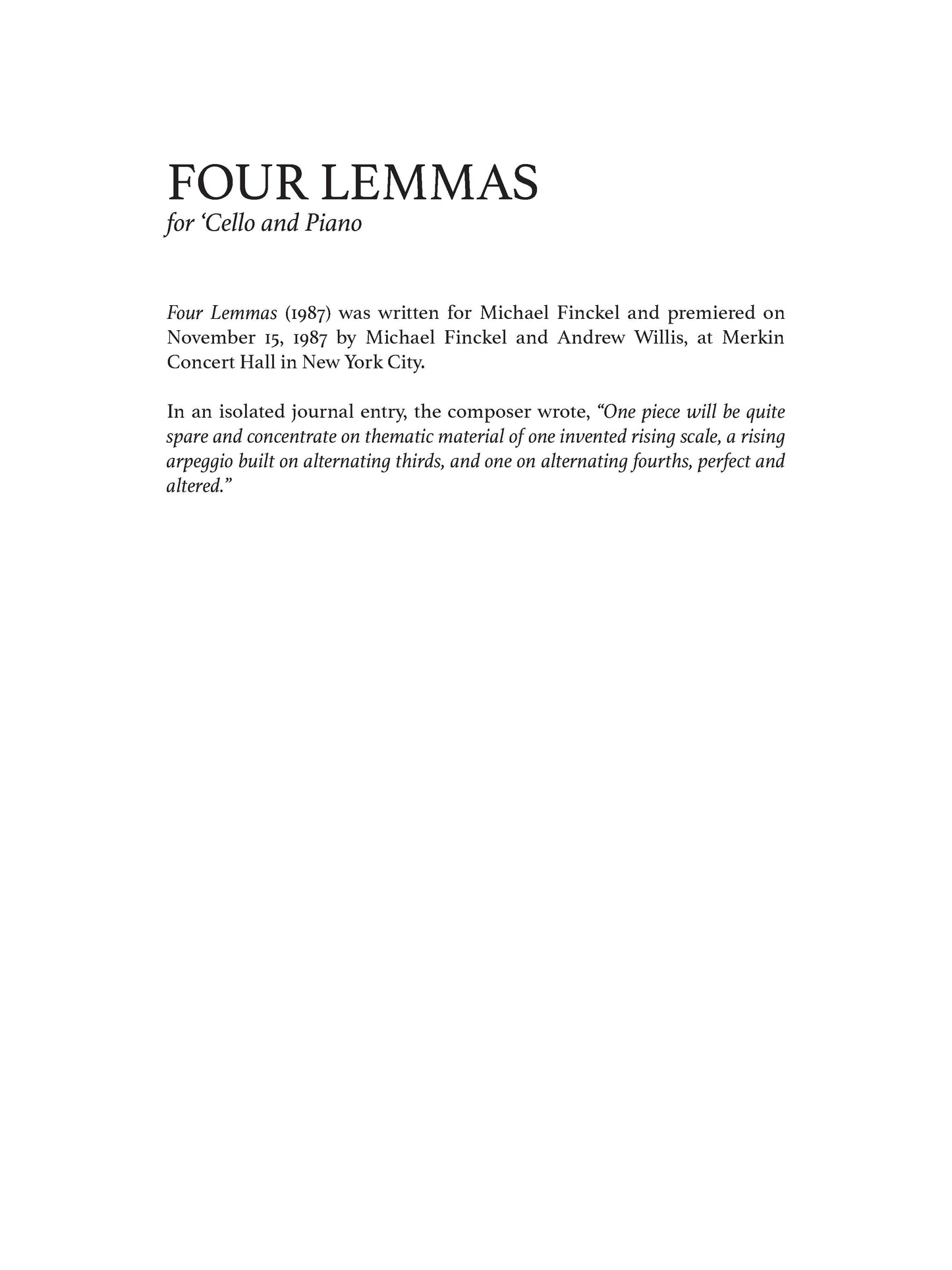 FOUR LEMMAS: Sonata No. 4 for Cello and Piano