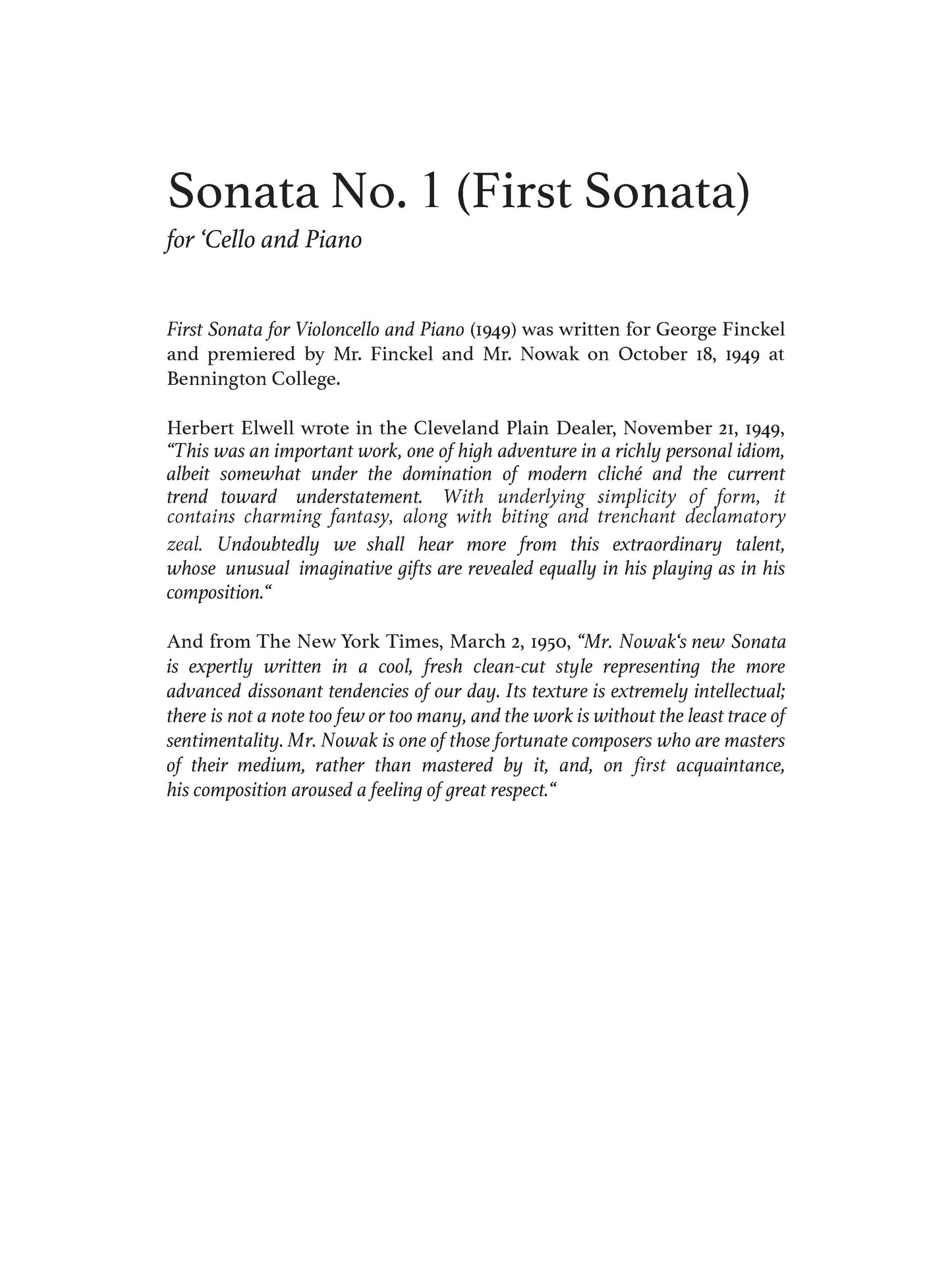 SONATA No. 1 - First Sonata FOR CELLO AND PIANO: