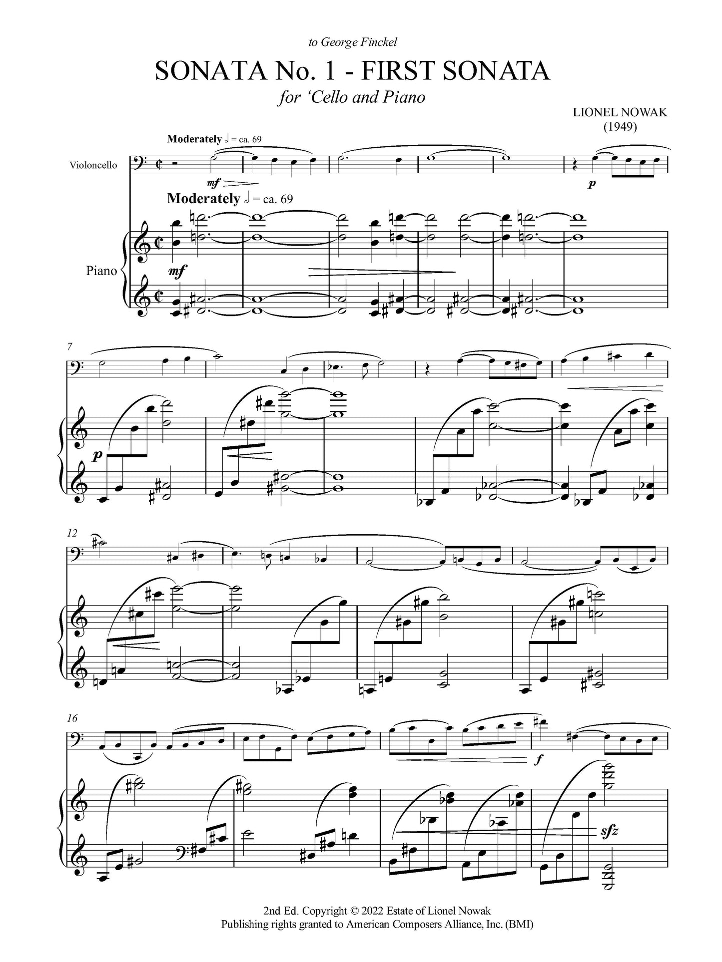 SONATA No. 1 - First Sonata FOR CELLO AND PIANO: