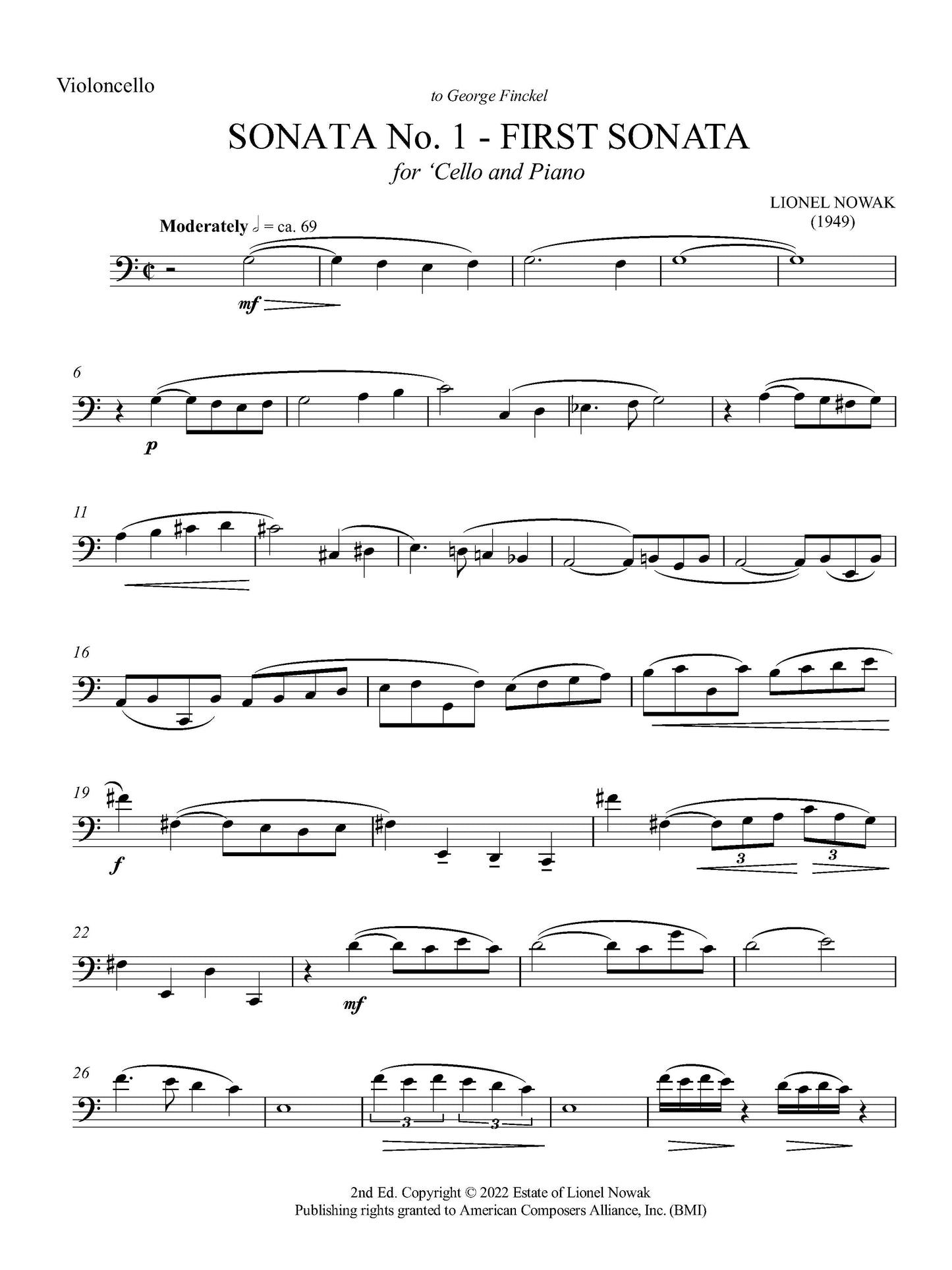 SONATA No. 1 - First Sonata FOR CELLO AND PIANO: