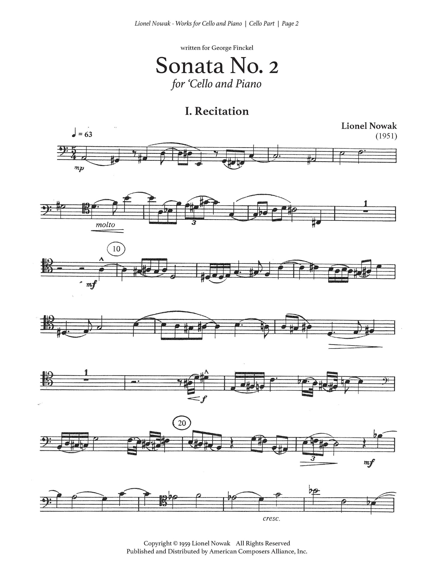 SONATA No. 2 FOR CELLO AND PIANO